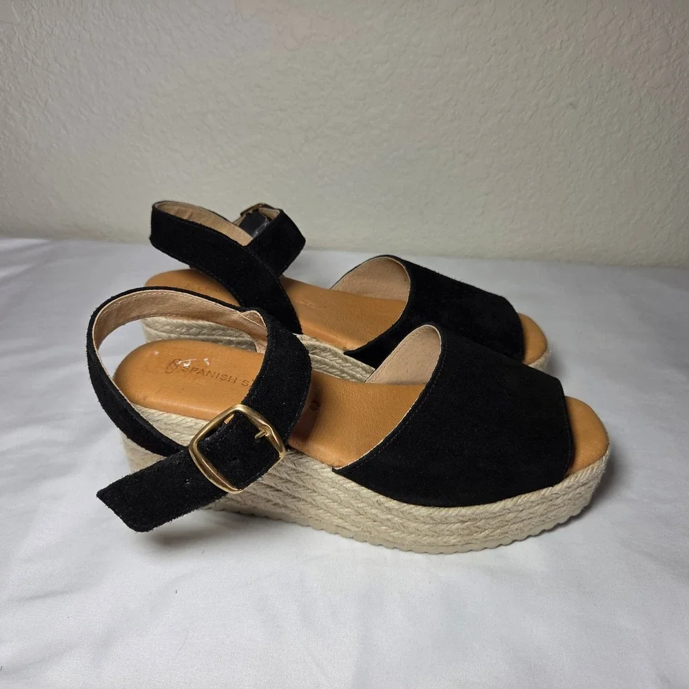 Spanish Sandal Co Black Suede Espadrille Platform Wedge Sandals Womens 40 Spain